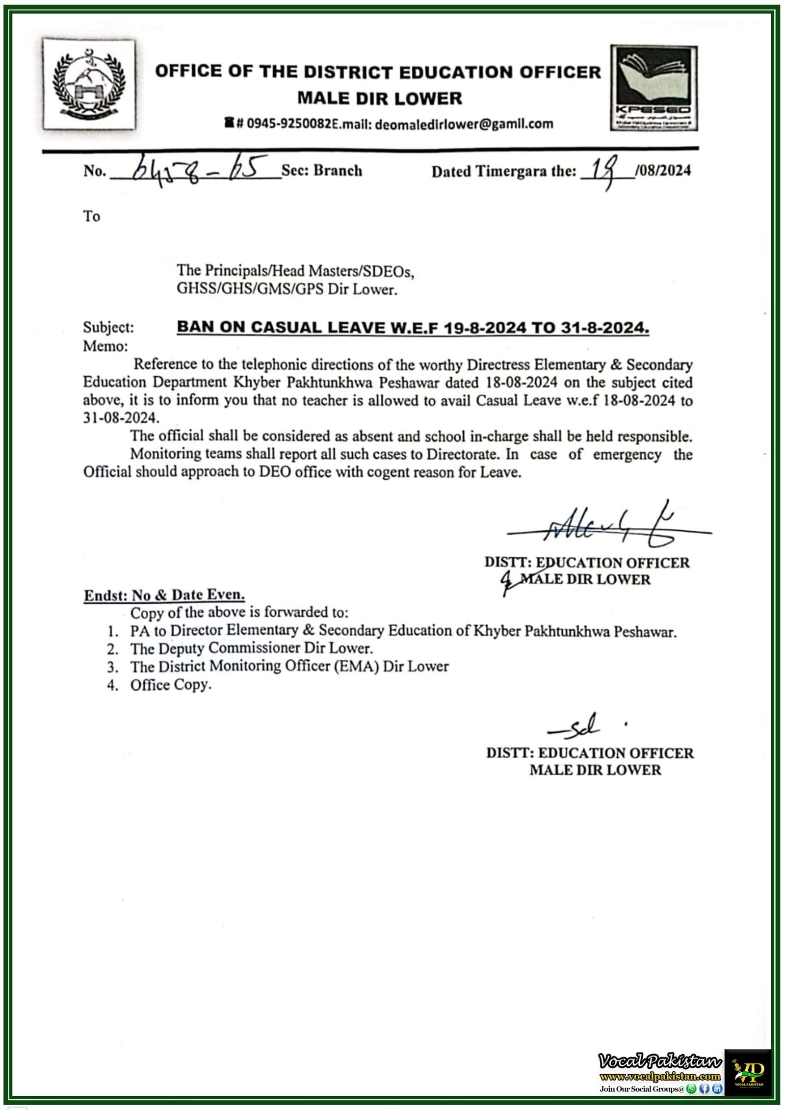 Khyber Pakhtunkhwa Education Department Enforces Casual Leave Ban: No Absences Allowed in Dir Lower Schools-Notification