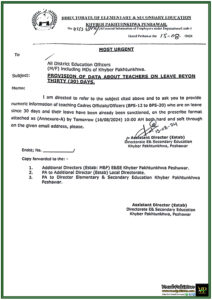 Khyber Pakhtunkhwa Education Department Notification Regarding Provision Of Data About Teachers On Leave Beyond Thirty (30) Days