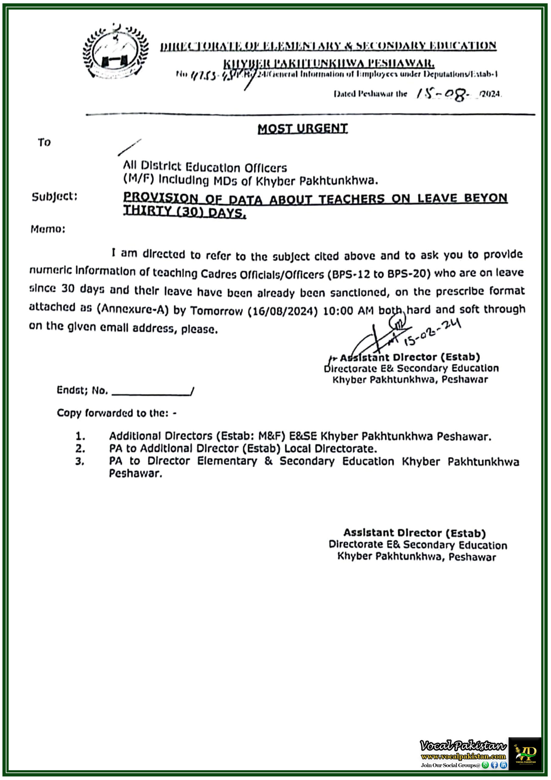 KPK 7 Khyber Pakhtunkhwa Education Department Notification Regarding Provision Of Data About Teachers On Leave Beyond Thirty (30) Days