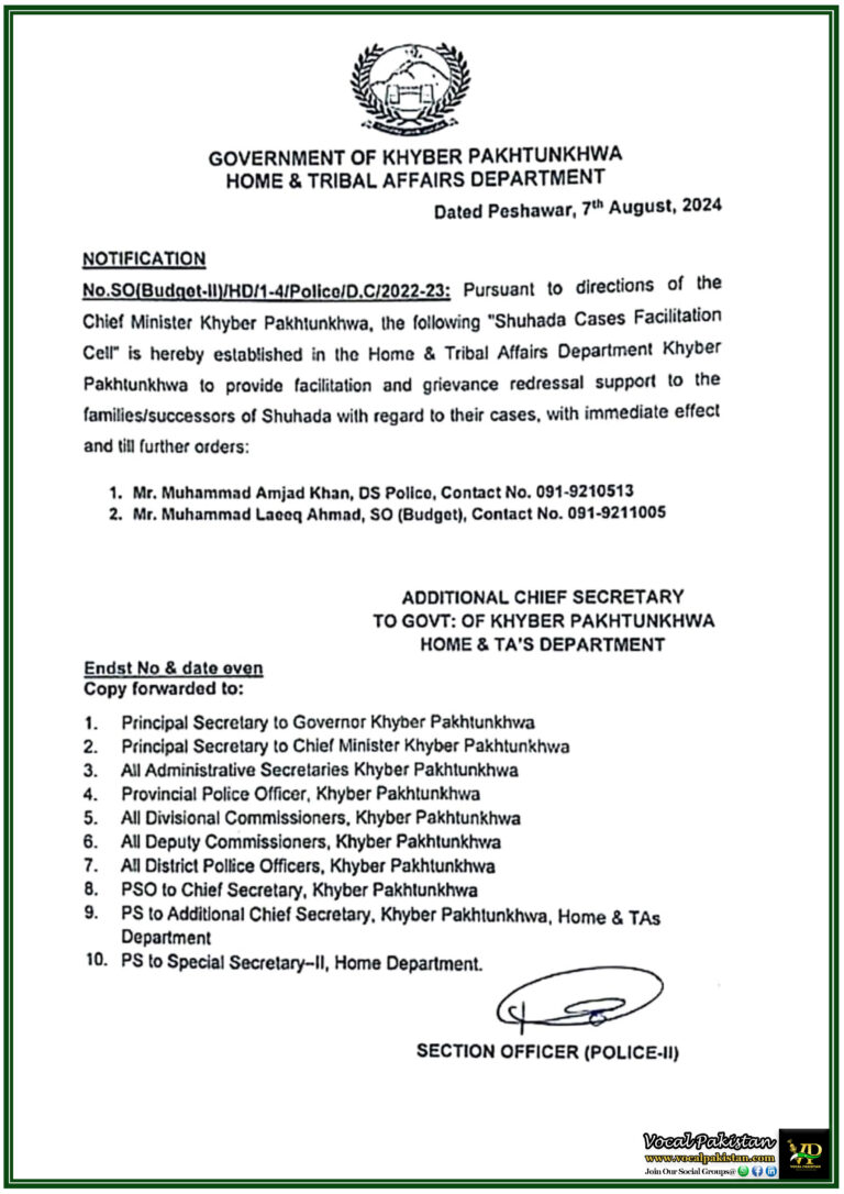 Khyber Pakhtunkhwa Establishes 'Shuhada Cases Facilitation Cell' for Family Support and Grievance Redressal-Notification