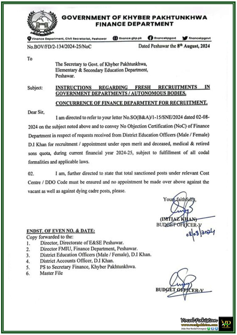 Khyber Pakhtunkhwa Finance Department Grants No Objection Certificate for Fresh Recruitments in Education Sector-Notification