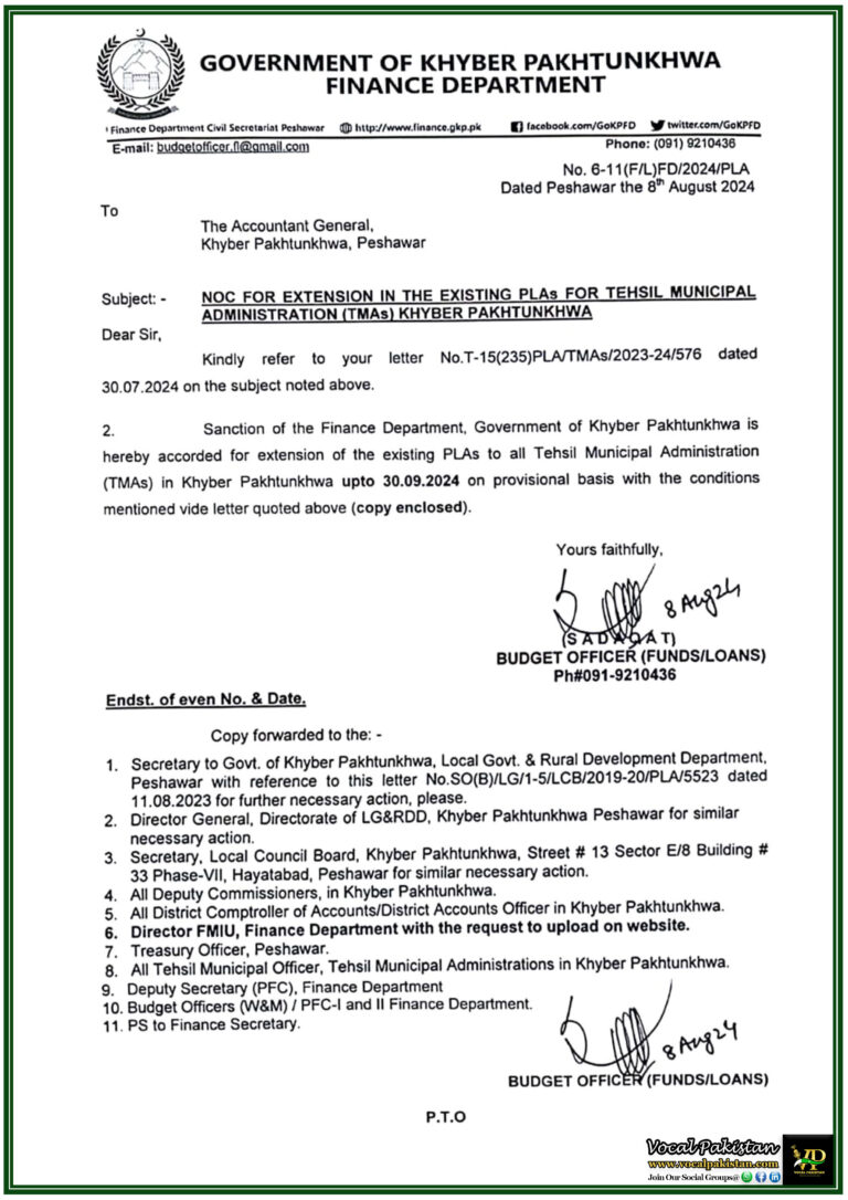 Khyber Pakhtunkhwa Government Extends Personal Ledger Accounts for TMAs Until 30th September 2024-Notification