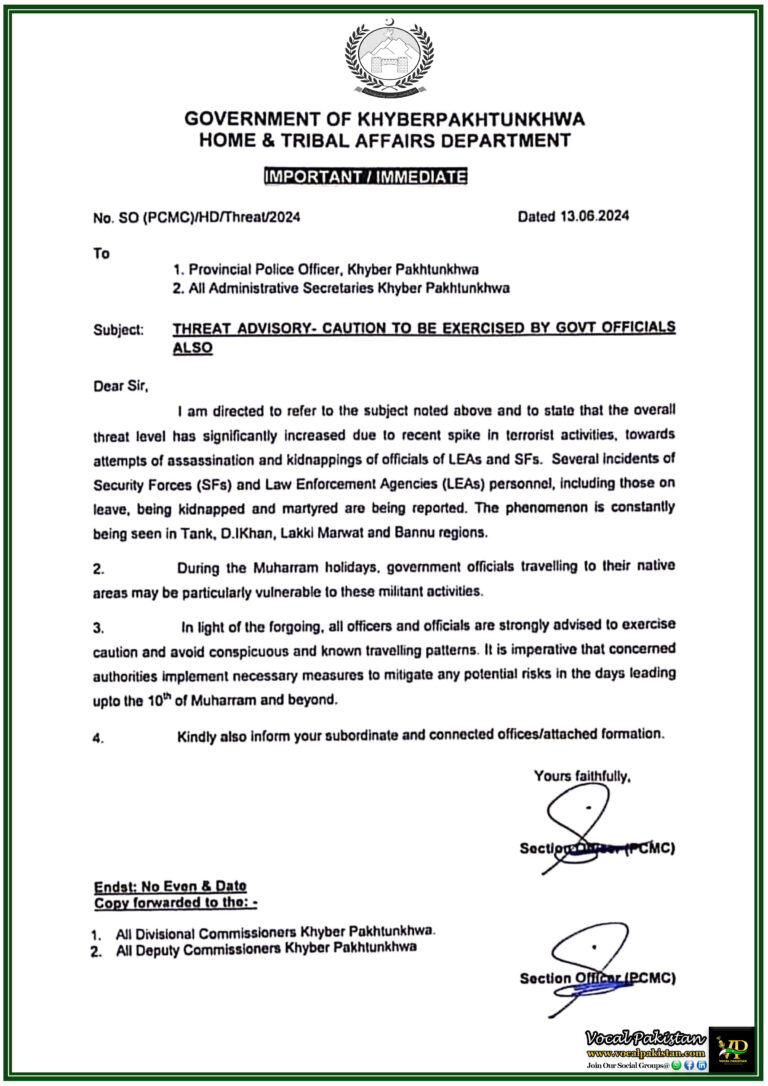 Khyber Pakhtunkhwa Government Issues Urgent Advisory Increased Threats against Officials During Muharram-Notification