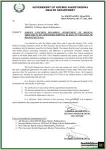 Khyber Pakhtunkhwa Health Department Raises Serious Concerns Over MTI DI Khan's Non-Compliant Appointment at MTI DI Khan-Notification