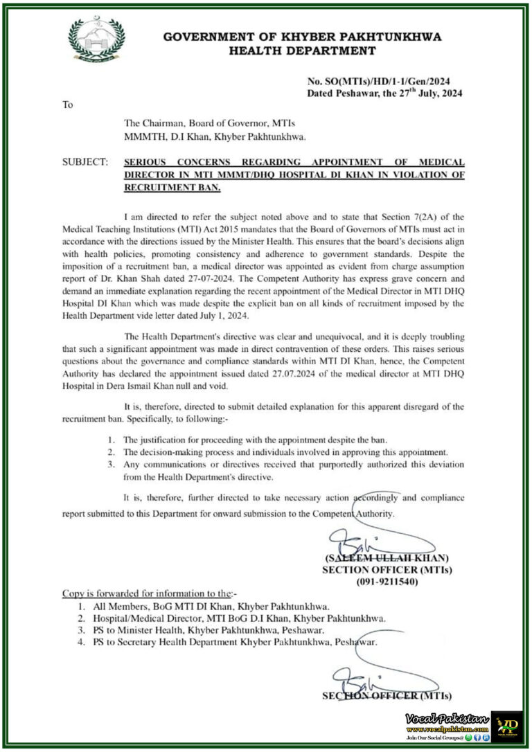 Khyber Pakhtunkhwa Health Department Raises Serious Concerns Over MTI DI Khan's Non-Compliant Appointment at MTI DI Khan-Notification