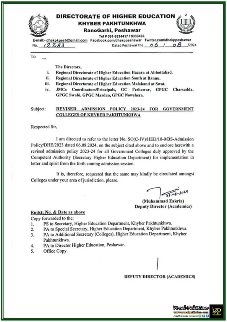 Khyber Pakhtunkhwa Higher Education Department Approves Revised 2023-24 Admission Policy for Government Colleges-Notification