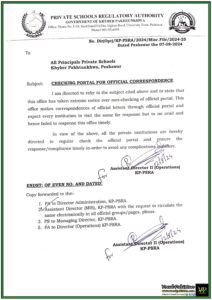 Khyber Pakhtunkhwa Private Schools Ordered to Regularly Monitor Official Portal for Timely Compliance -Notification
