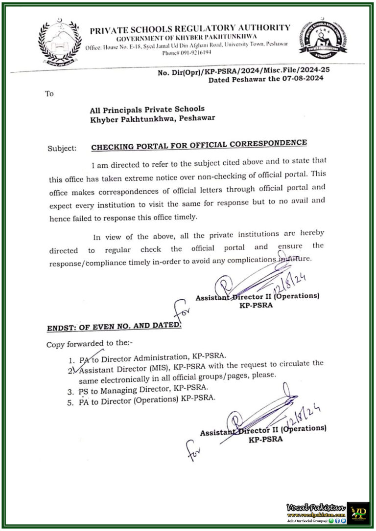 Khyber Pakhtunkhwa Private Schools Ordered to Regularly Monitor Official Portal for Timely Compliance -Notification