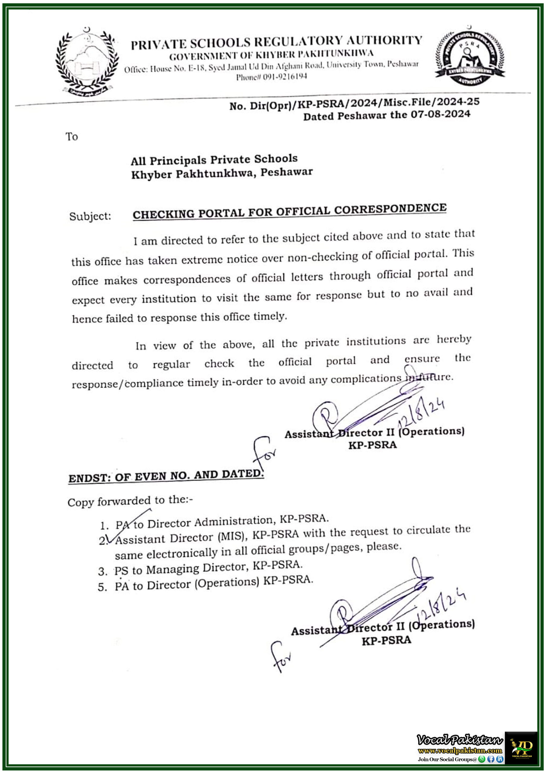KPK 4 Khyber Pakhtunkhwa Private Schools Ordered to Regularly Monitor Official Portal for Timely Compliance -Notification