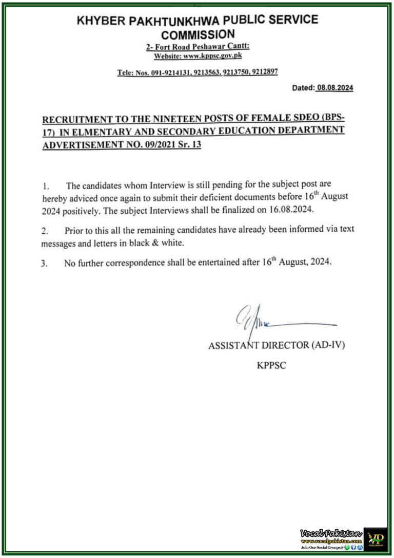 Khyber Pakhtunkhwa Public Service Commission (KPPSC) Urges Pending Candidates to Complete Documentation Before Final Interview Deadline-Notification