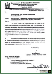 Khyber Pakhtunkhwa Recruitment 2024 New Guidelines for Deceased and Retired Son's Quotas Unveiled-Notification