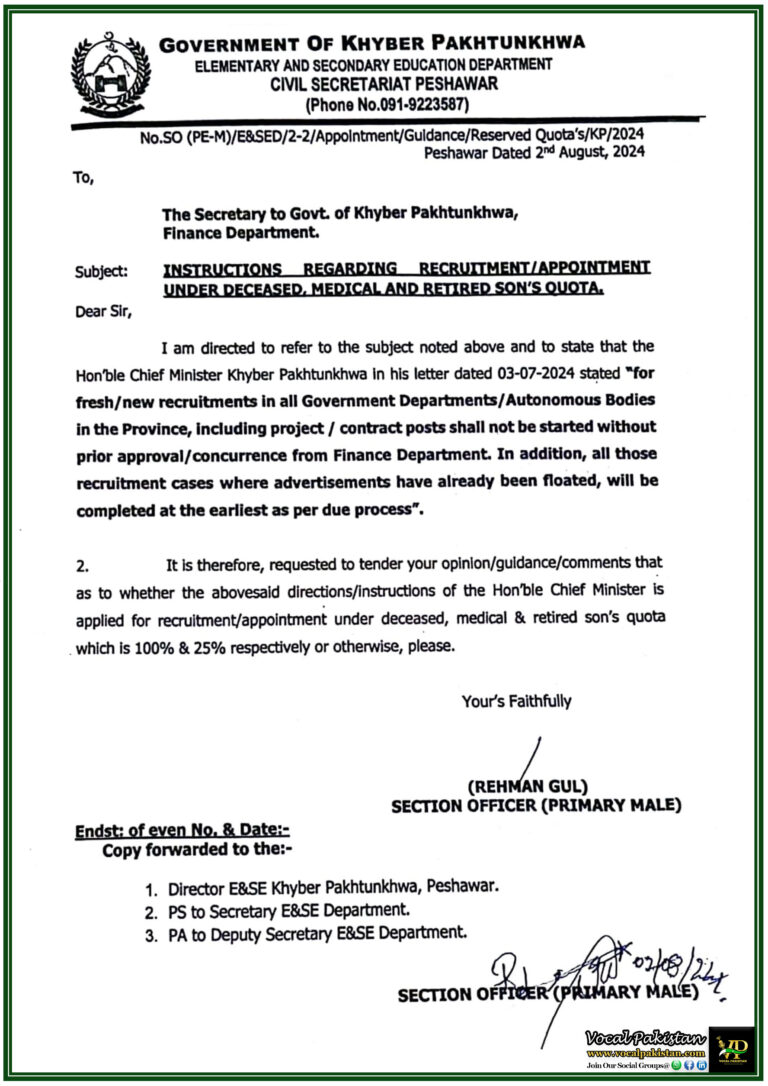 Khyber Pakhtunkhwa Recruitment 2024 New Guidelines for Deceased and Retired Son's Quotas Unveiled-Notification