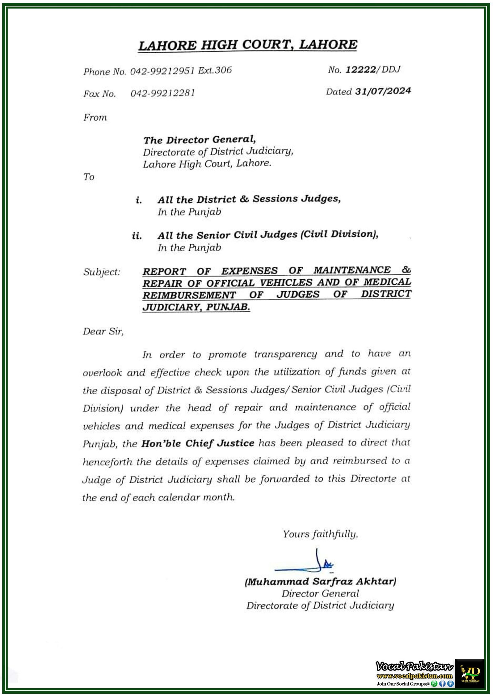 Lahore High Court Mandates Transparency in Judges’ Expense Reporting: Monthly Submissions Required-Notification