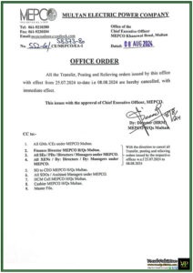 MEPCO Cancels All Transfer and Posting Orders Issued Between 25th July and 8th August 2024-Notification