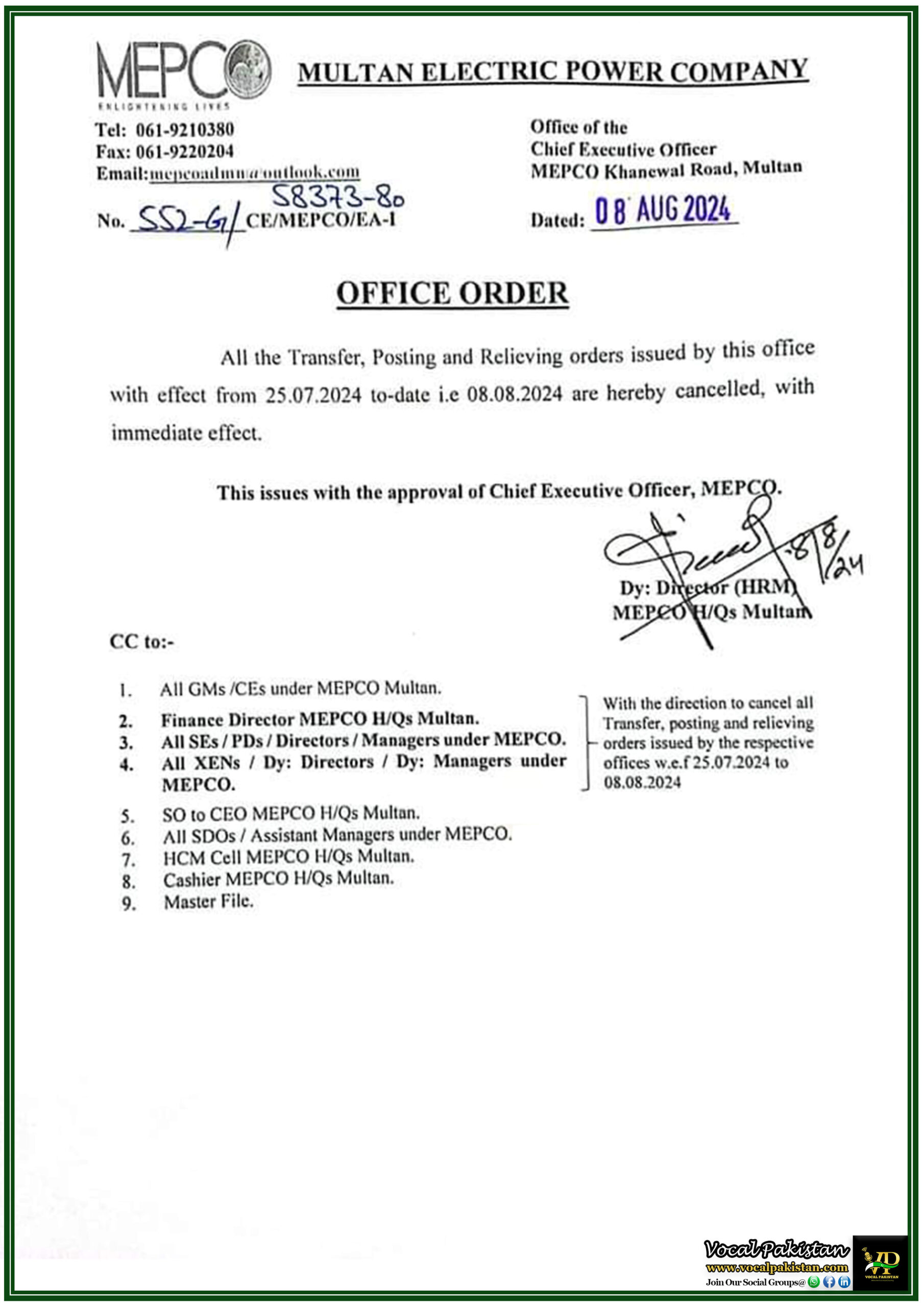 MEPCO Cancels All Transfer and Posting Orders Issued Between 25th July and 8th August 2024-Notification