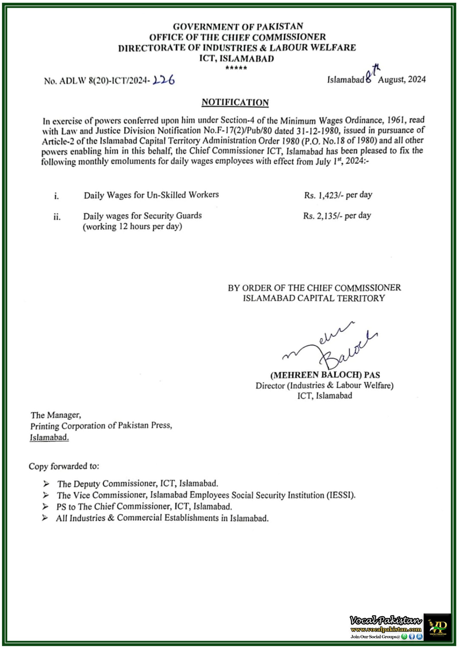 Minimum Wage Update: ICT Islamabad Revises Daily Wages for Unskilled Workers and Security Guards-Notification