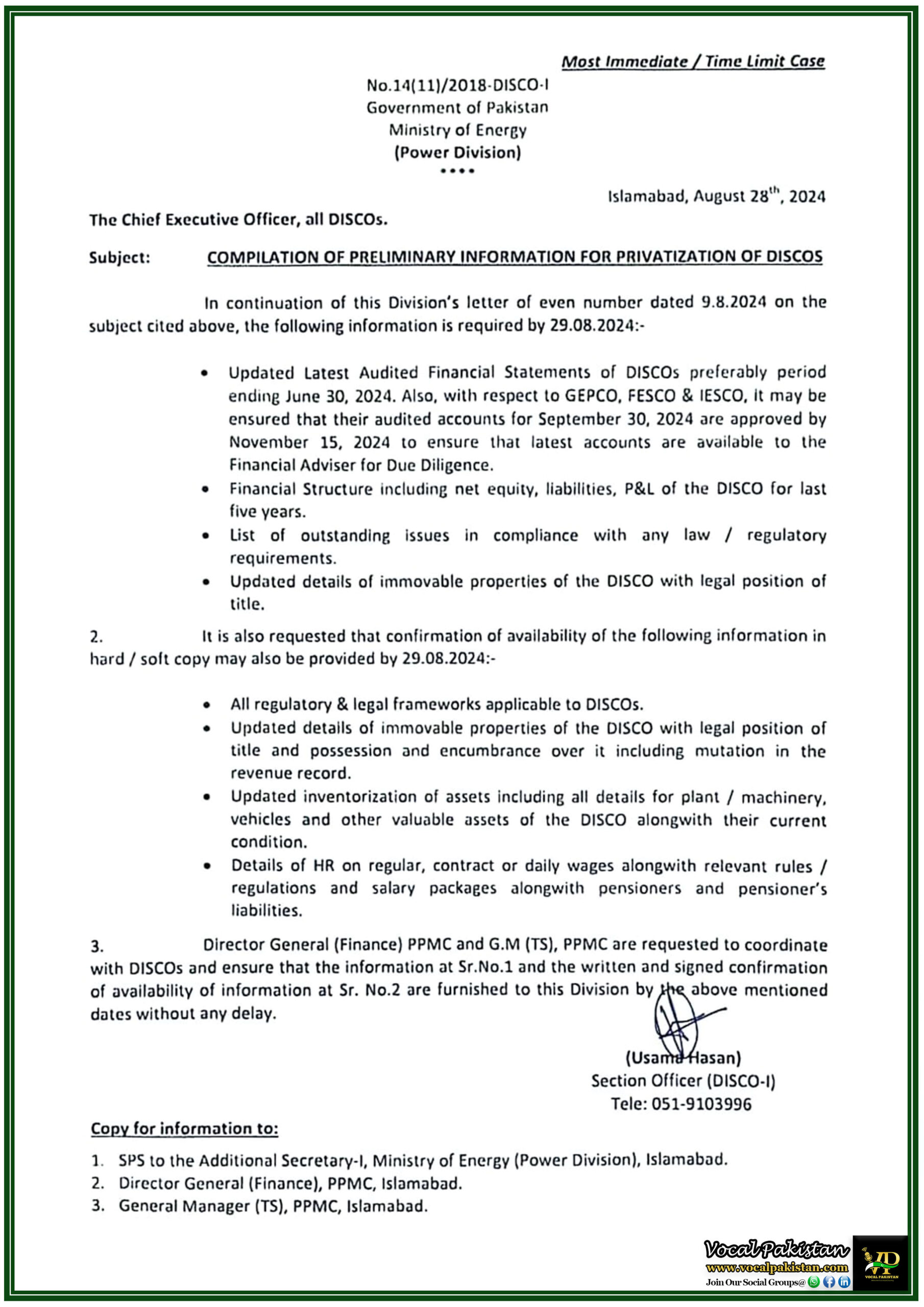 Ministry of Energy Demands Key Financial and Legal Data from DISCOs Ahead of Privatization-Notification