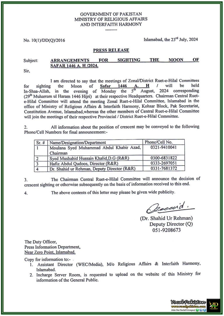 Ministry of Religious Affairs Announces Safar 1446 A.H. Moon Sighting Committees' Schedule-Notification