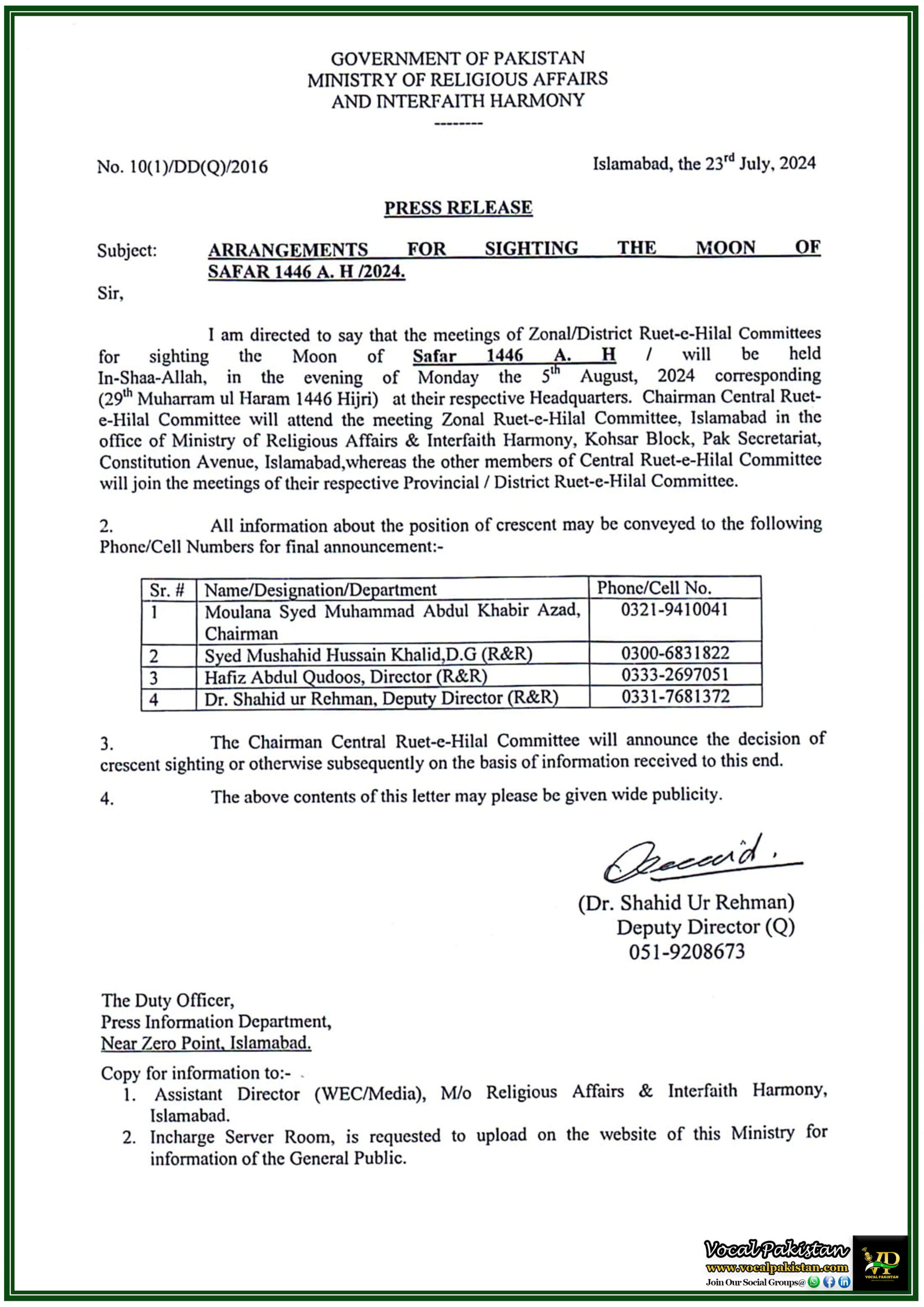 Federal 1 Ministry of Religious Affairs Announces Safar 1446 A.H. Moon Sighting Committees' Schedule-Notification