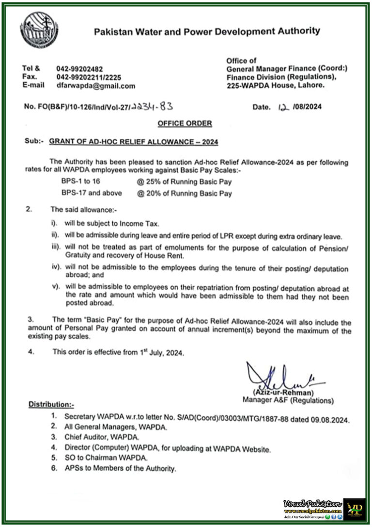 New Adhoc Relief Allowance 2024 Sanctioned by WAPDA Effective from 1st July 2024-Notification