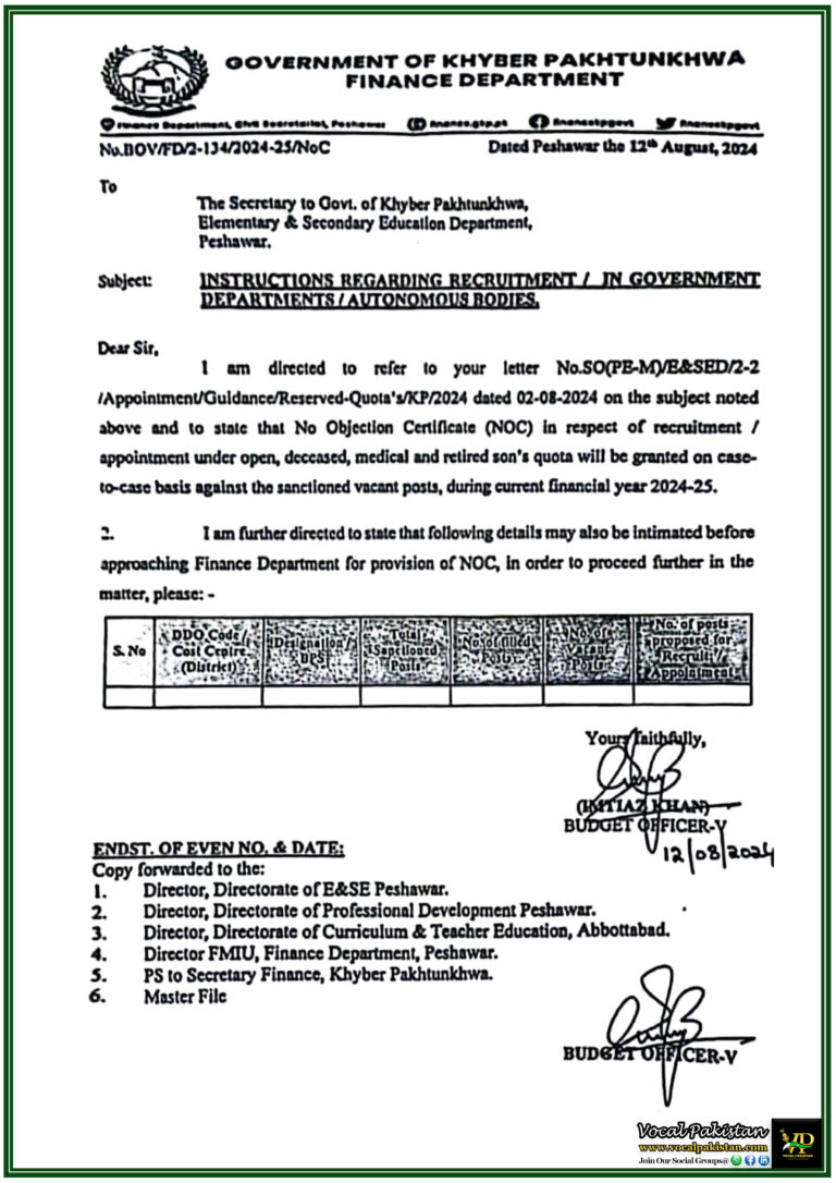 No Objection Certificate Process for Government Appointments Clarified by Khyber Pakhtunkhwa Finance Department-Notification