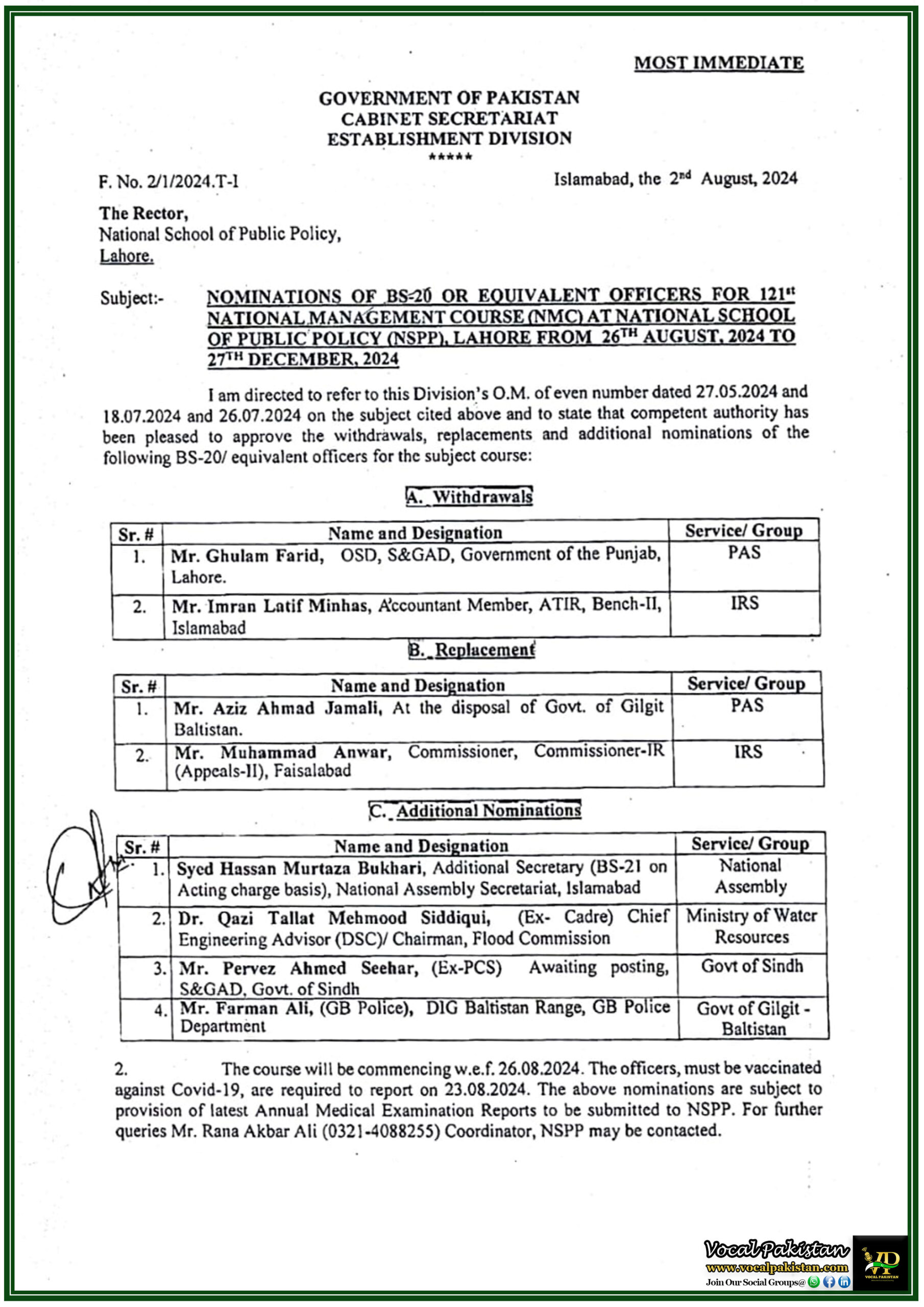 Nominations Of BS-20 Or Equivalent Officers For 121st National Management Course (NMC) At National School Of Public Policy (NSPP), Lahore From 26th August, 2024 To 27th December, 2024- Notification
