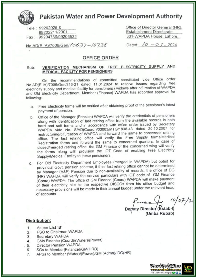 Notification-Updated Procedures for Verification of Free Electricity and Medical Benefits for WAPDA Pensioners Key Points from Recent Office Order