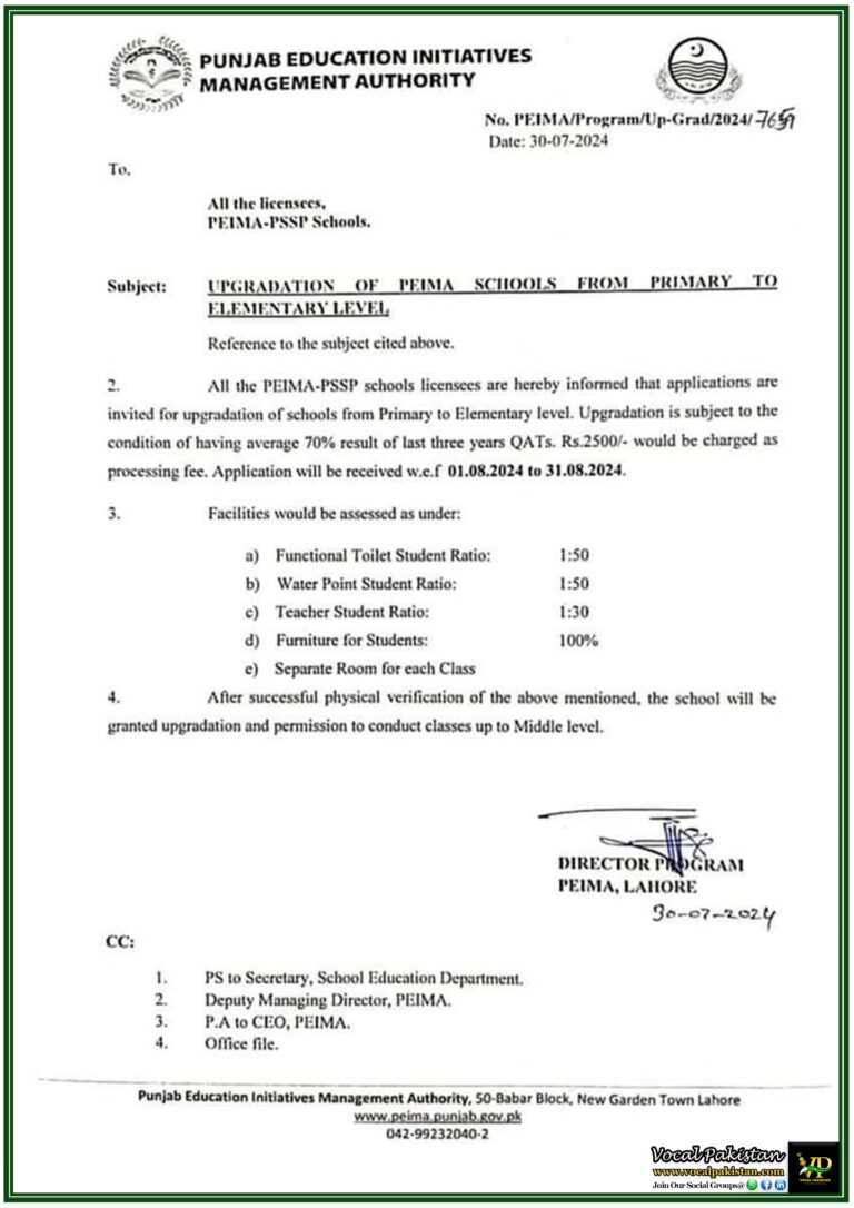 PEIMA Announces Upgradation Opportunity Transition from Primary to Elementary Level for Schools with High QAT Results-Notification