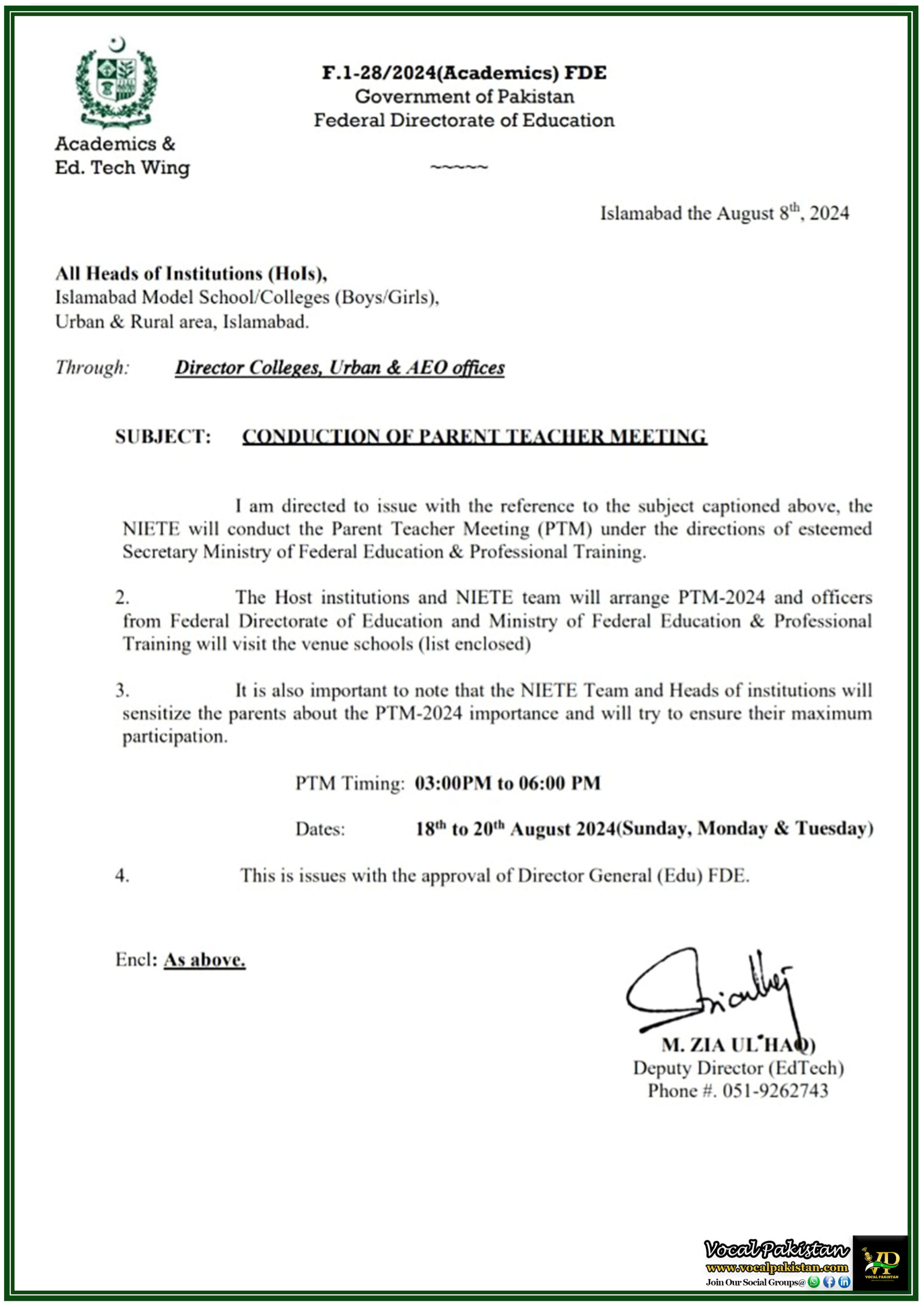 PTM-2024 Scheduled by Federal Directorate of Education Enhancing Communication Between Parents and Schools-Notification