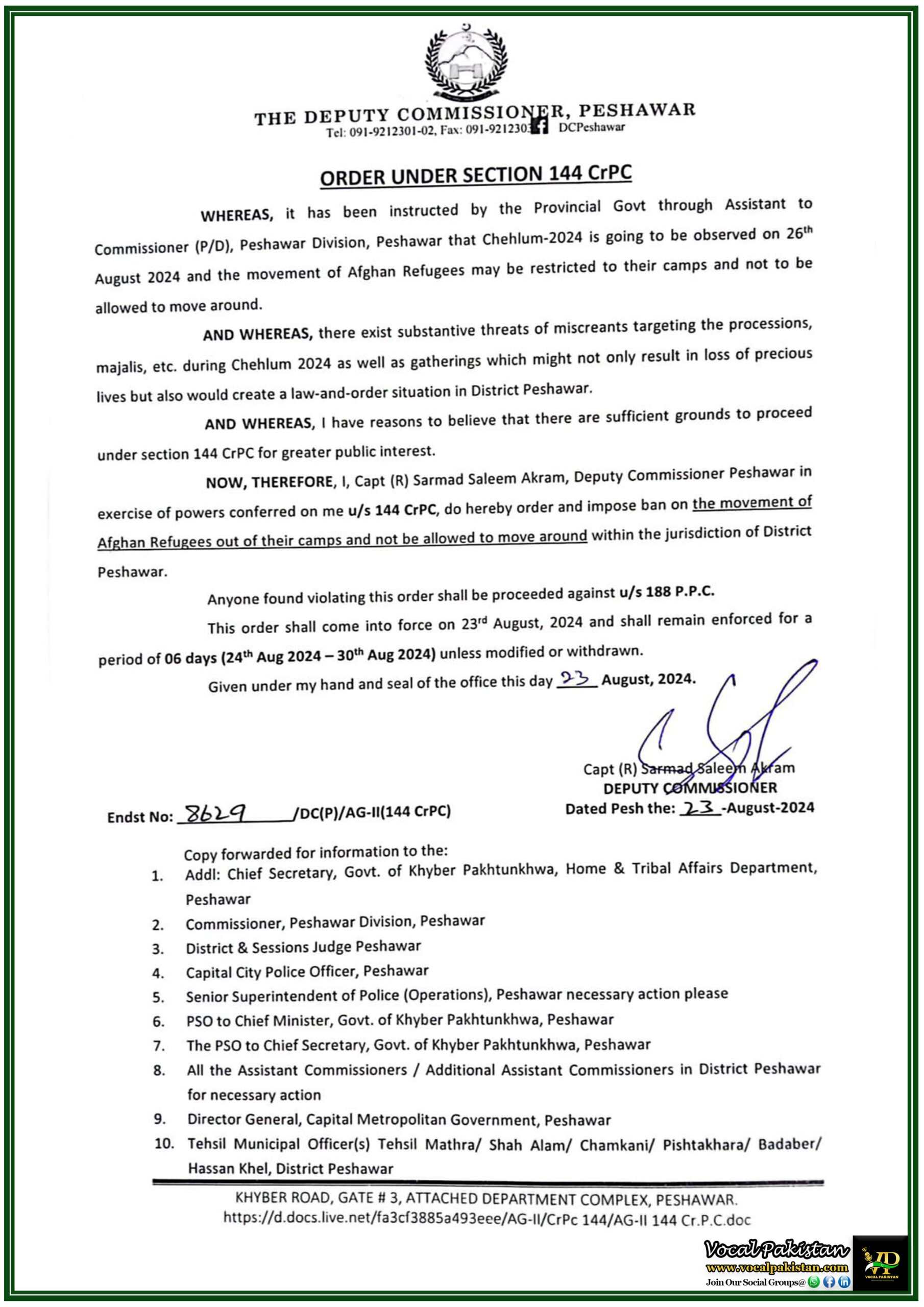 Peshawar Imposes Section 144 Afghan Refugees Restricted Amid Chehlum of Hazrat Imam Hussain (R.A) Security Measures of -Deputy Commissioner Issued Notification