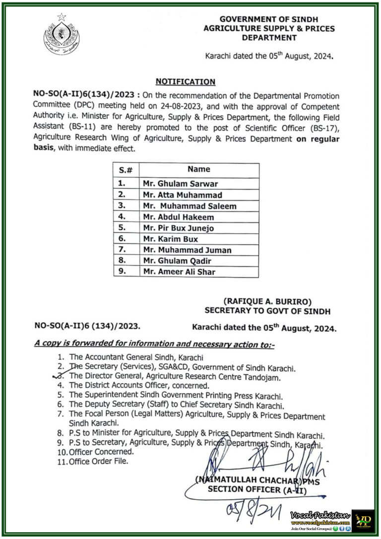 Promotion of Field Assistants to Scientific Officers Announced by Sindh Agriculture Department-Notification