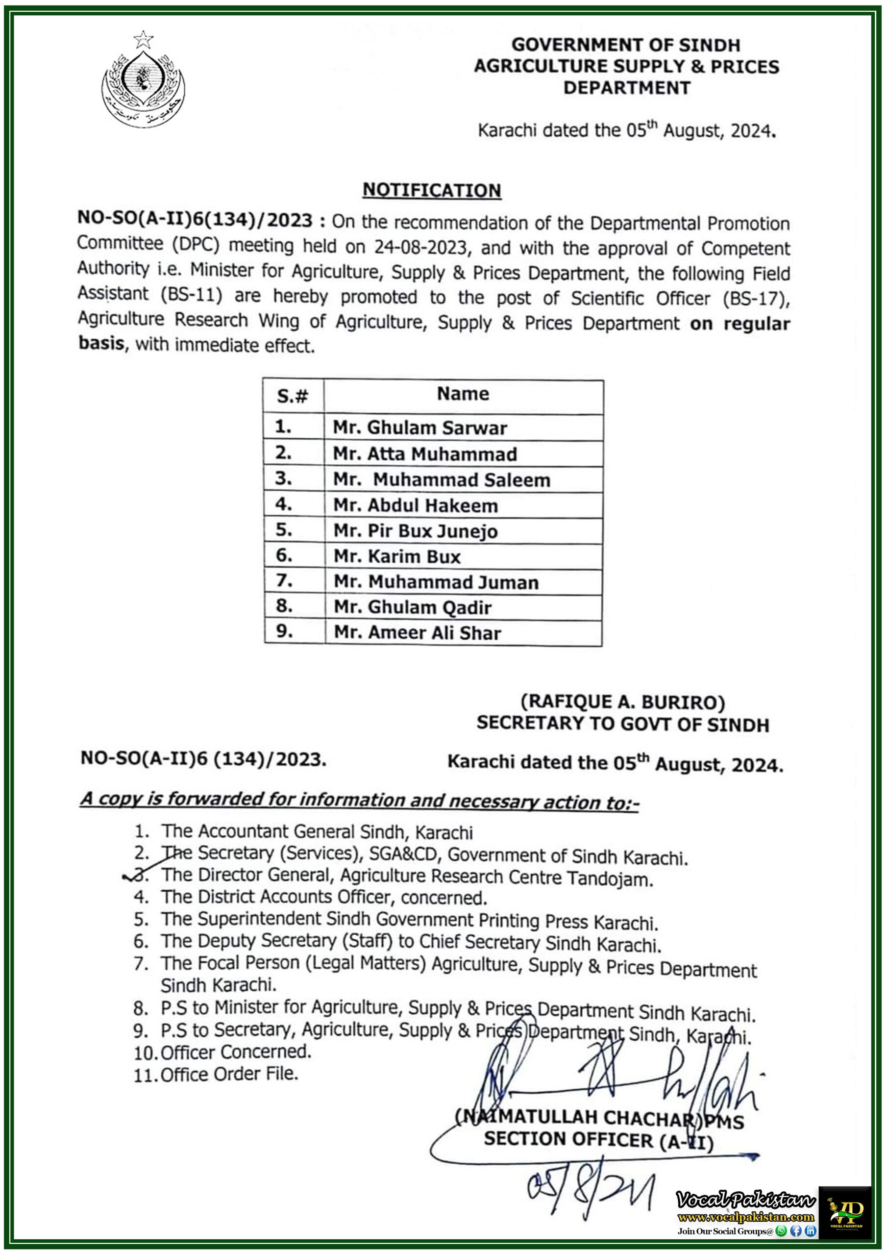 Sindh 4 Promotion of Field Assistants to Scientific Officers Announced by Sindh Agriculture Department-Notification