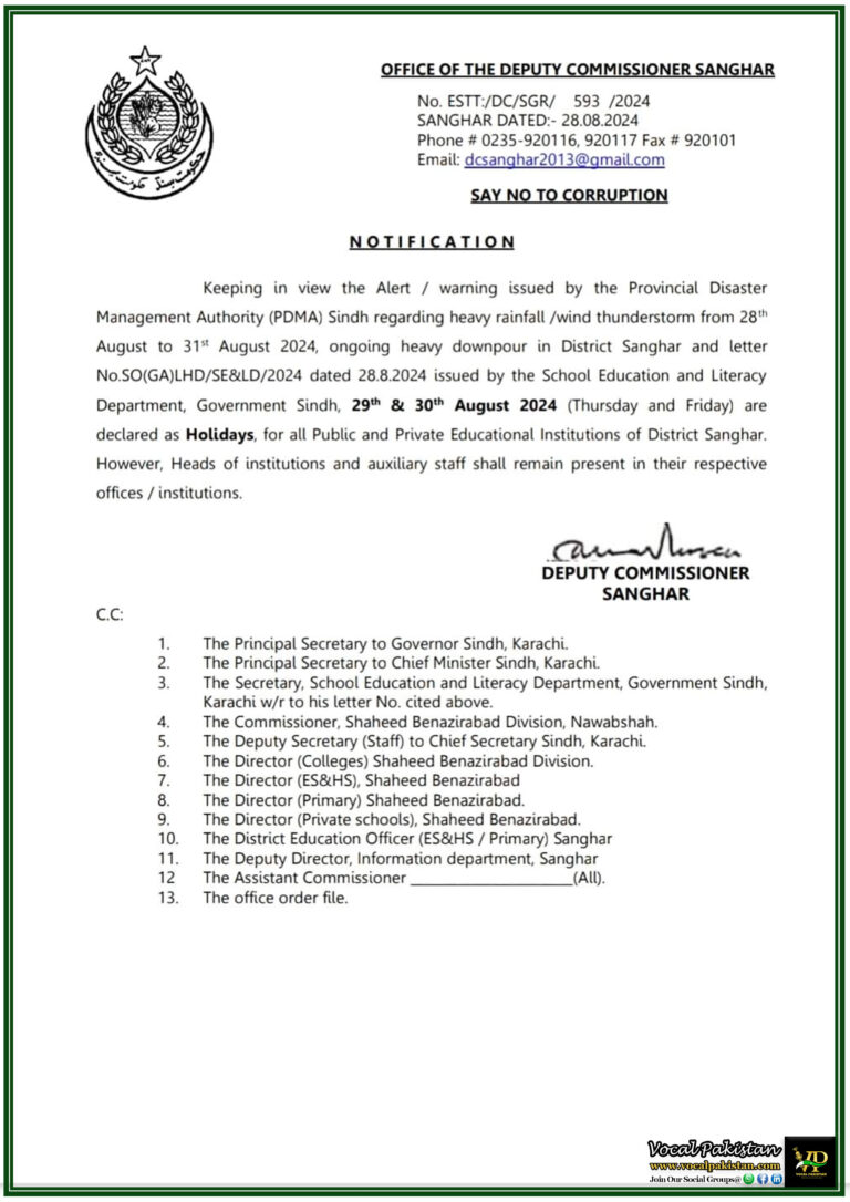 Public and Private Schools in District Sanghar Closed on 29th & 30th August Amid Severe Weather Conditions-Notification