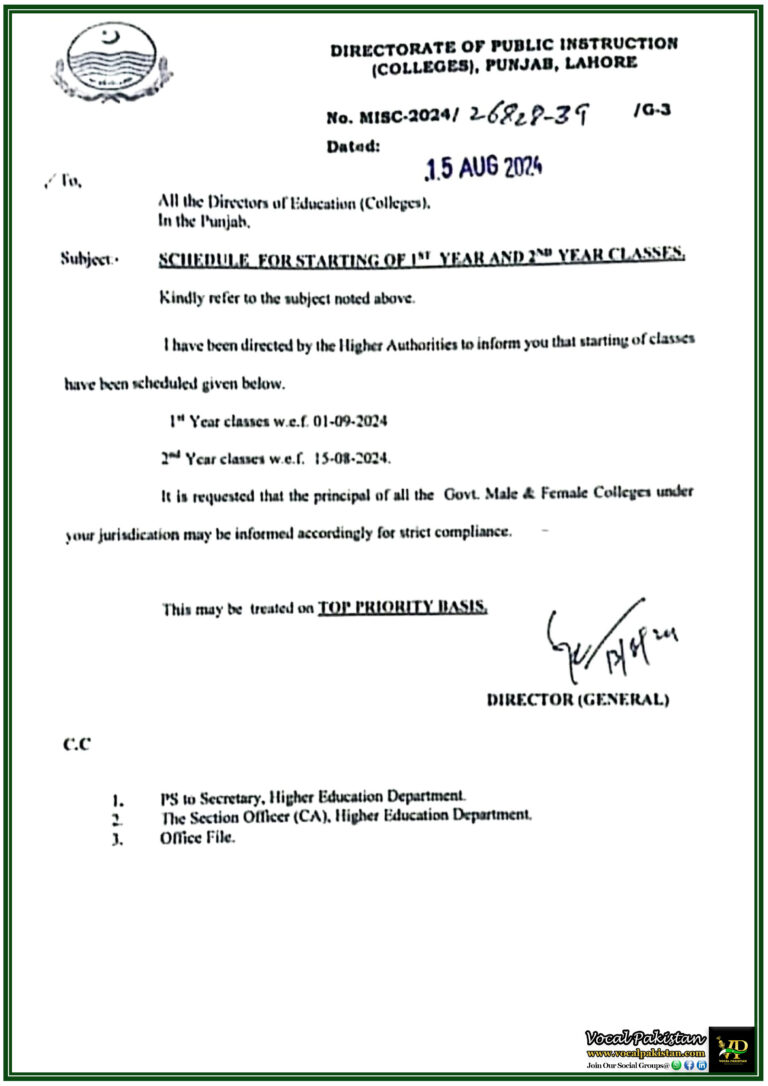 Punjab College Schedule 2nd Year Classes Start from 15th August, 1st Year from 1st September 2024-Notification