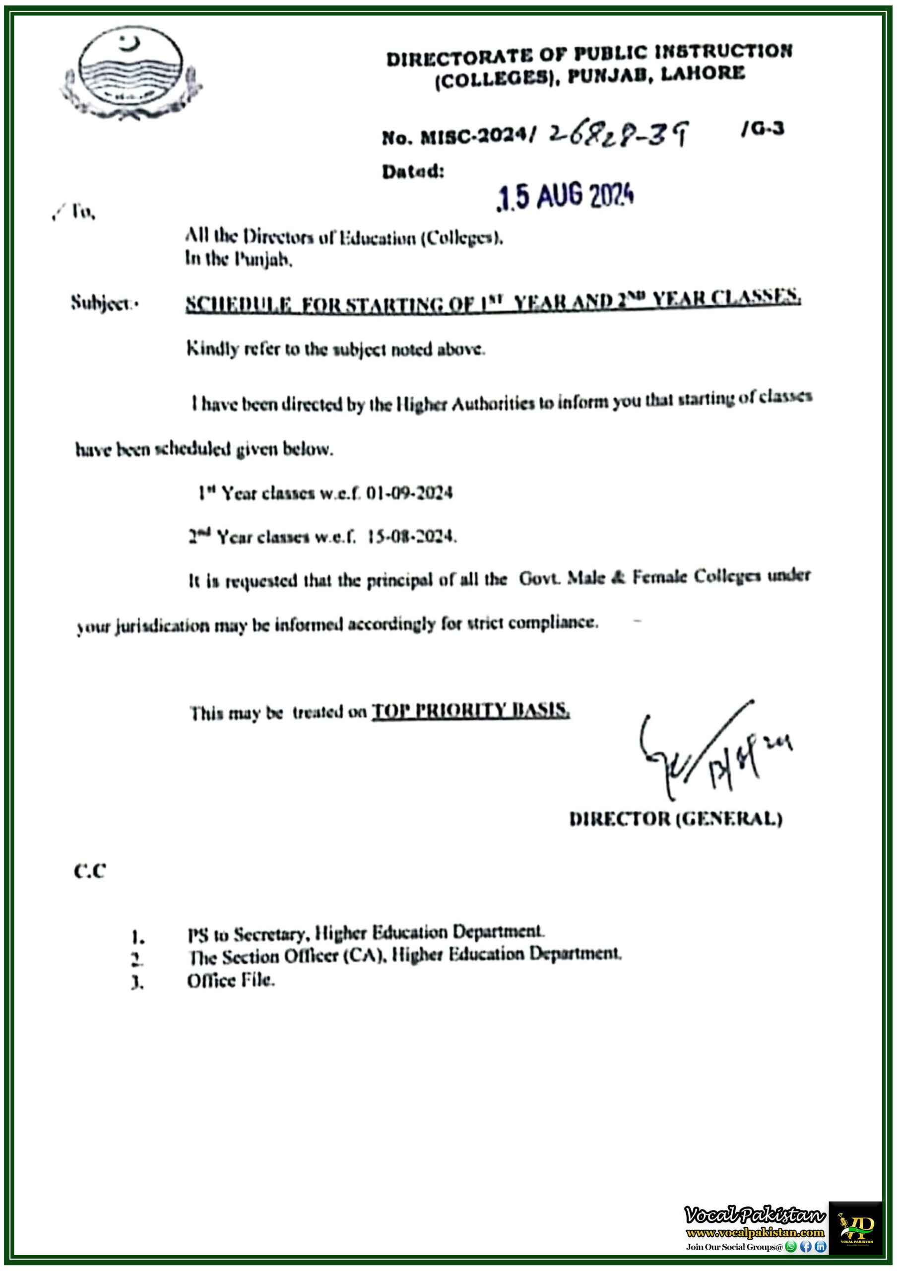 Punjab 6 Punjab College Schedule 2nd Year Classes Start from 15th August, 1st Year from 1st September 2024-Notification