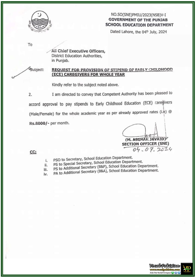 Punjab Education Department Sanctions Annual Stipend for Early Childhood Education (ECE) Caregivers-Notification