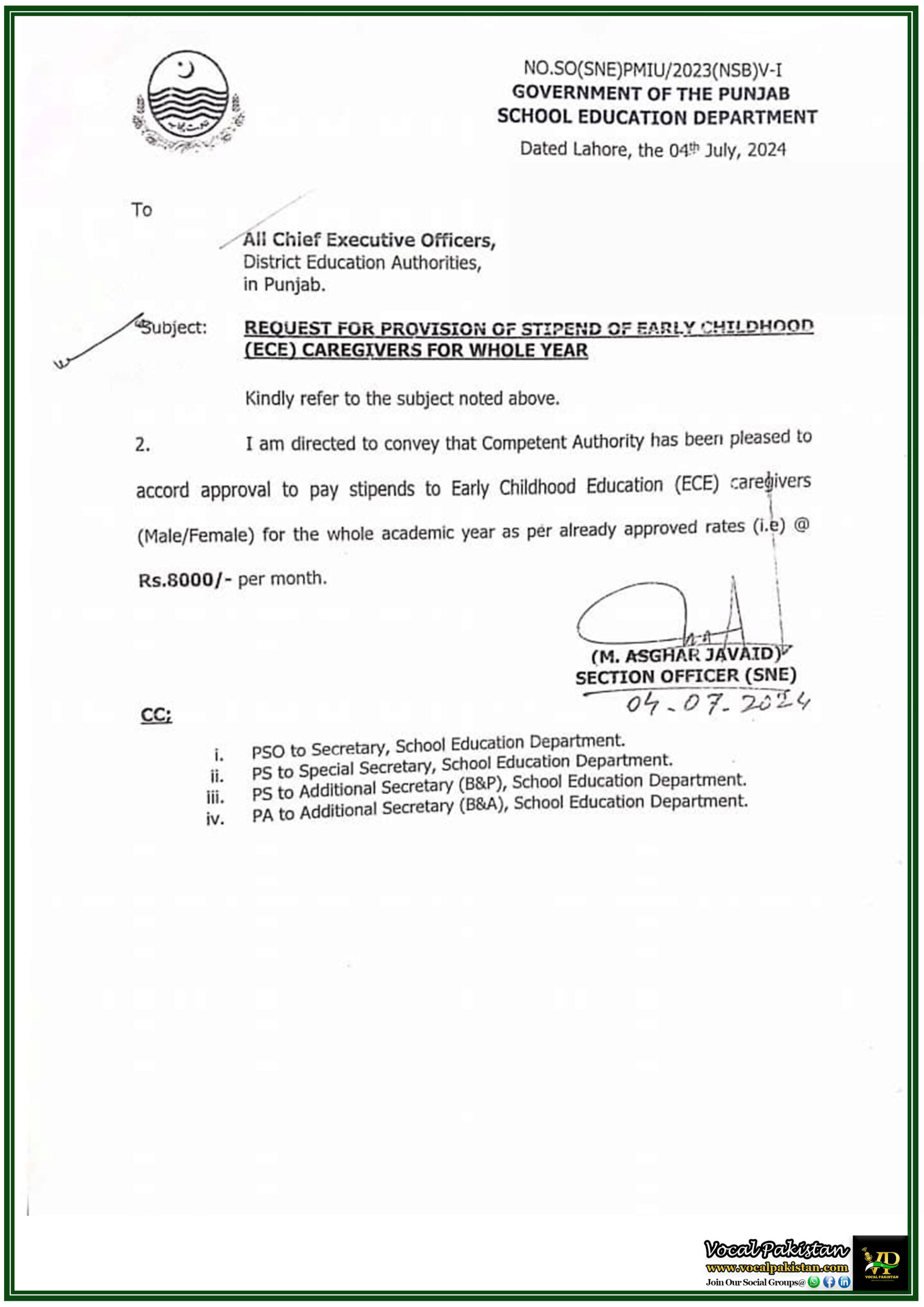 Punjab Education Department Sanctions Annual Stipend for Early Childhood Education (ECE) Caregivers-Notification