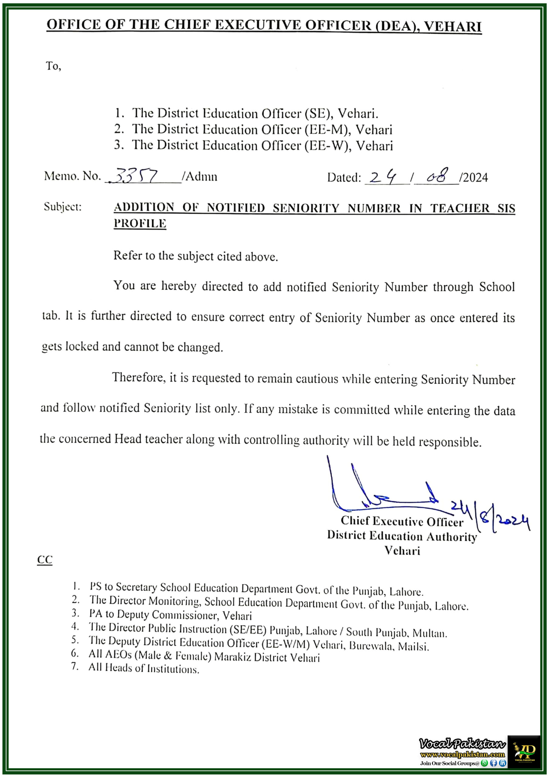 Punjab Education Department Vehari Issues Crucial Update Teachers Urged to Correctly Enter Seniority Numbers in SIS Profiles-Notification