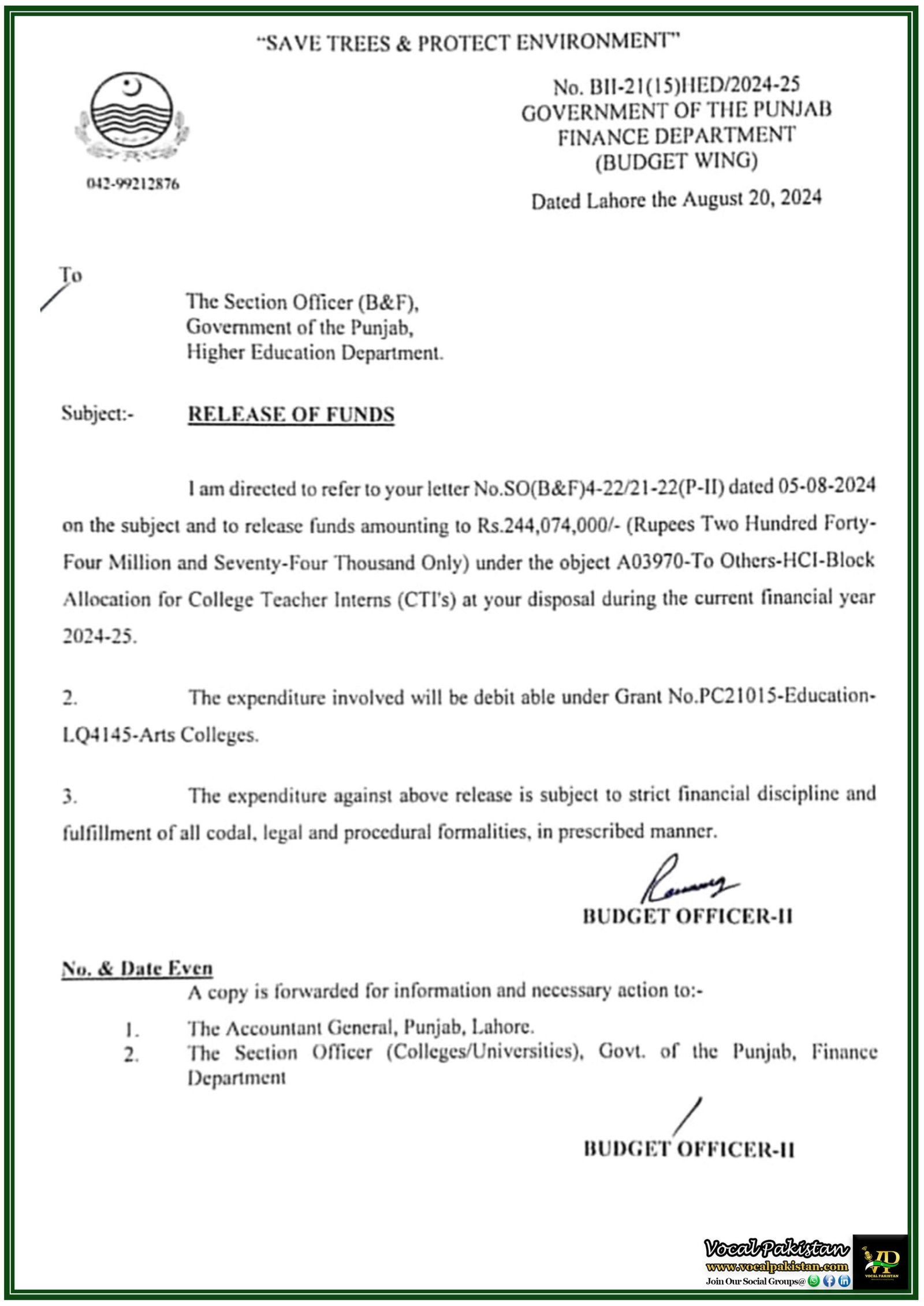 Punjab Finance Department Allocates Rs. 244 Million for College Teachers Interns (CTIs)-Notification