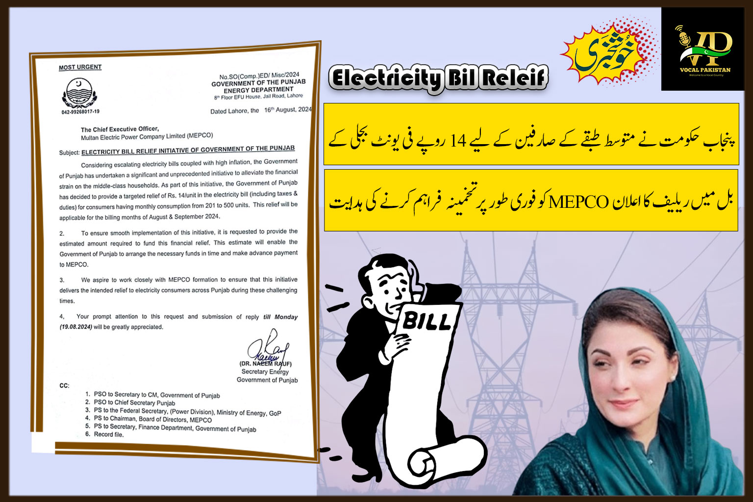 Punjab Government Announces Rs.14 Per Unit Electricity Bill Relief for Middle-Class Consumers MEPCO instructed to provide estimates urgently-Notification