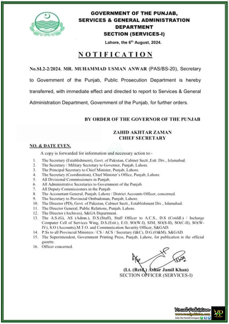 Punjab Government Transfers Muhammad Usman Anwar (PASBS-20) Secretary Public Prosecution Department Directed to Report to S&GAD-Notification