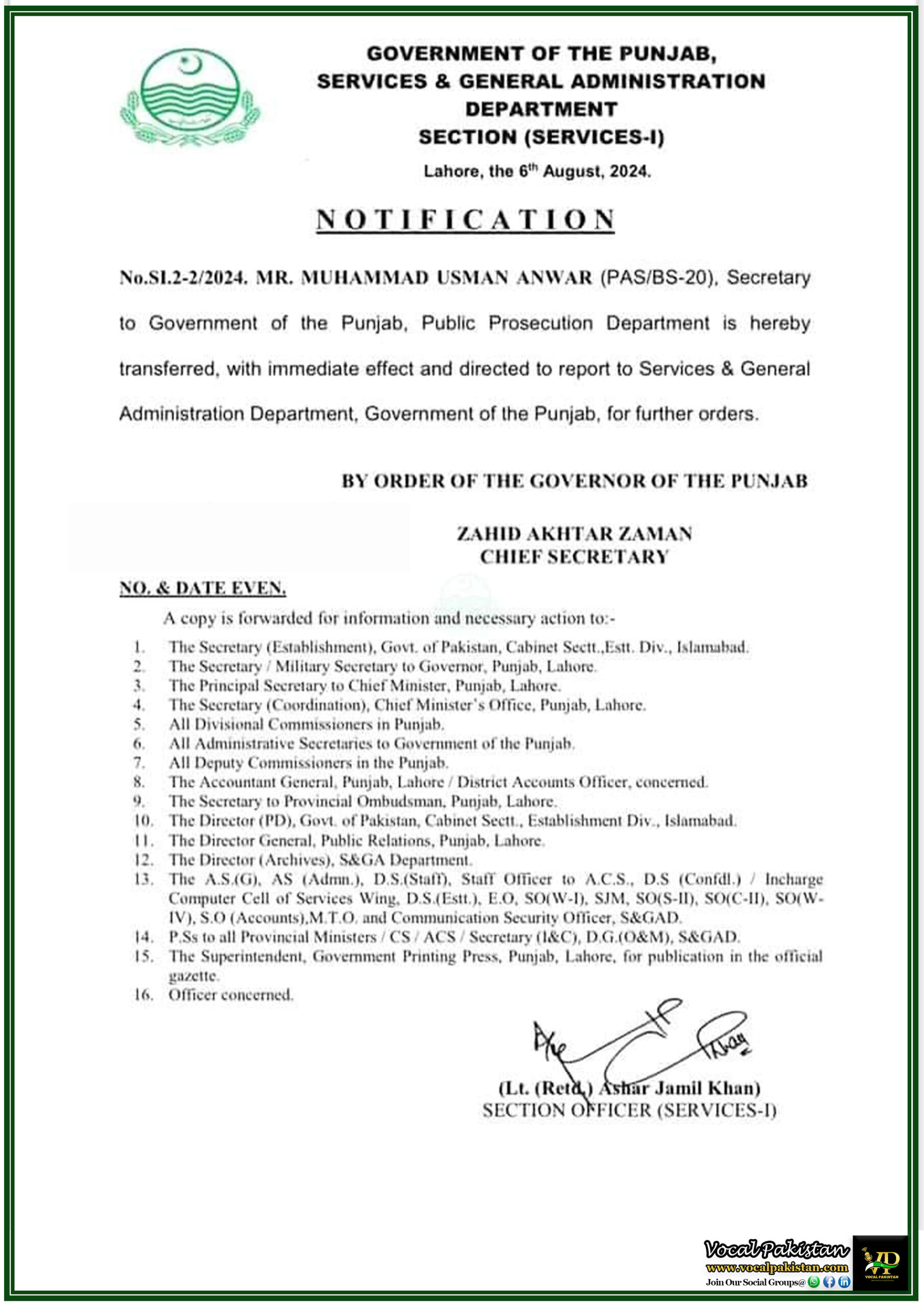 Punjab 6 Punjab Government Transfers Muhammad Usman Anwar (PASBS-20) Secretary Public Prosecution Department Directed to Report to S&GAD-Notification