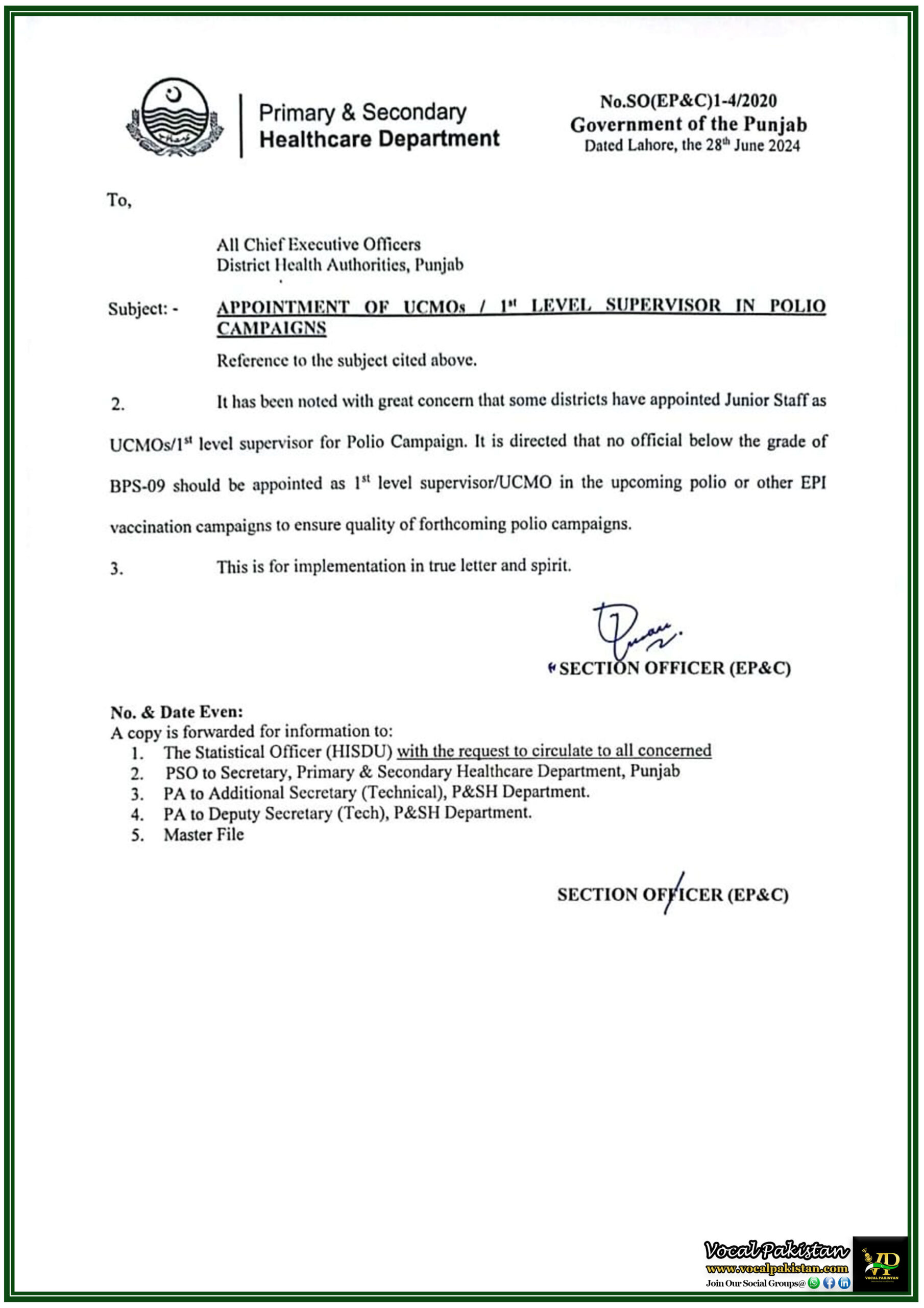 Punjab Health Department Mandates Minimum Grade for Supervisors in Polio Campaigns-Notification