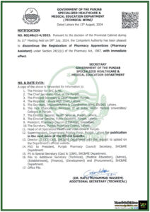 Punjab Healthcare Department Ends Registration of Pharmacy Apprentices Following Cabinet Decision-Notification
