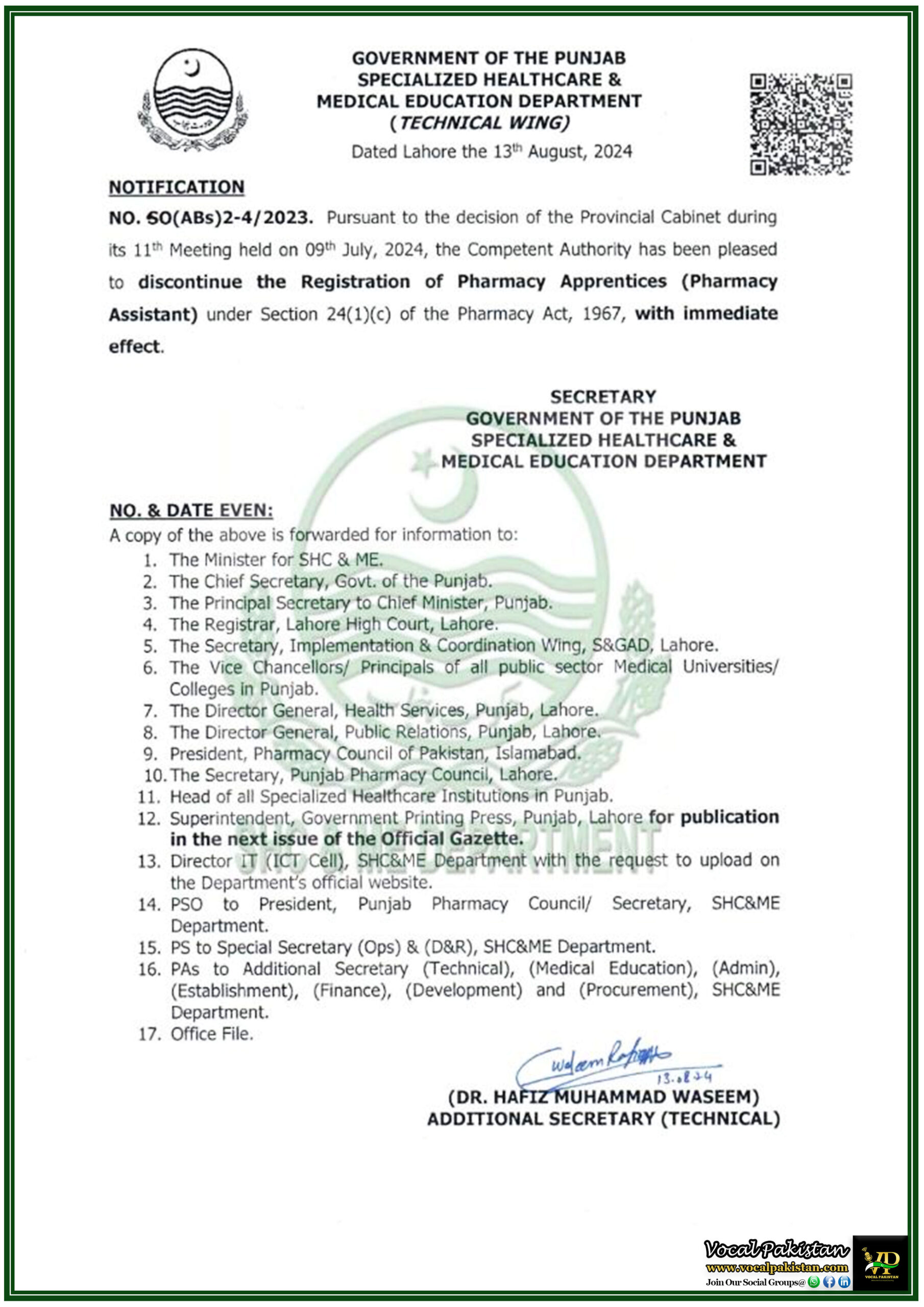 Punjab Healthcare Department Ends Registration of Pharmacy Apprentices Following Cabinet Decision-Notification
