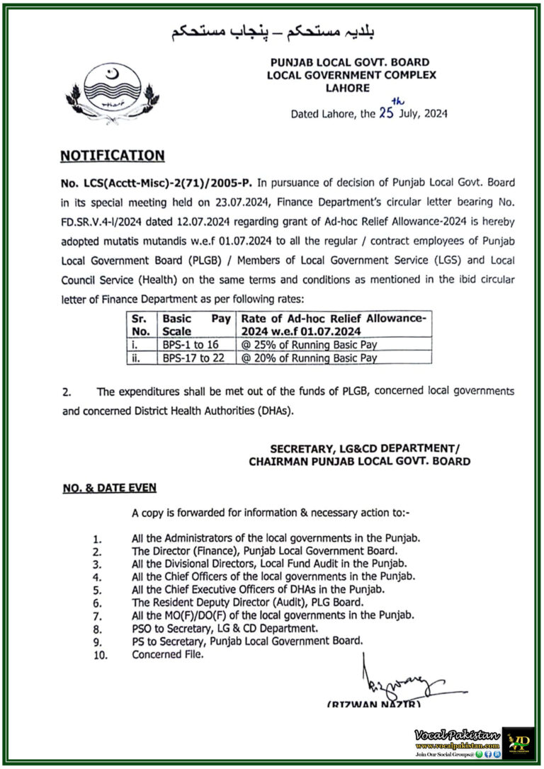 Punjab Local Government Board Announces Adhoc Relief Allowance-2024 for All Employees Effective July 1st 2024-Notification