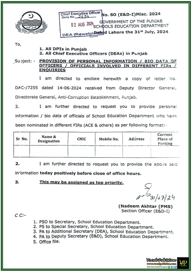 Punjab School Education Department Directs Immediate Submission of Personal Information for Officials Involved in FIRsEnquiries-Notification