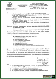 Punjab School Education Department Issues Directives for Anti-Dengue Measures through Mandatory Cleanliness Drive Ahead of School Reopening-Notification