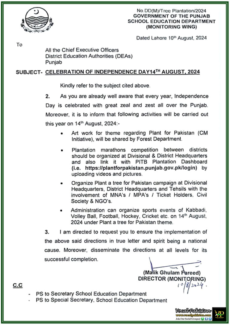 Punjab Schools to Celebrate Independence Day with Nationwide 'Plant for Pakistan' Initiative-Notification