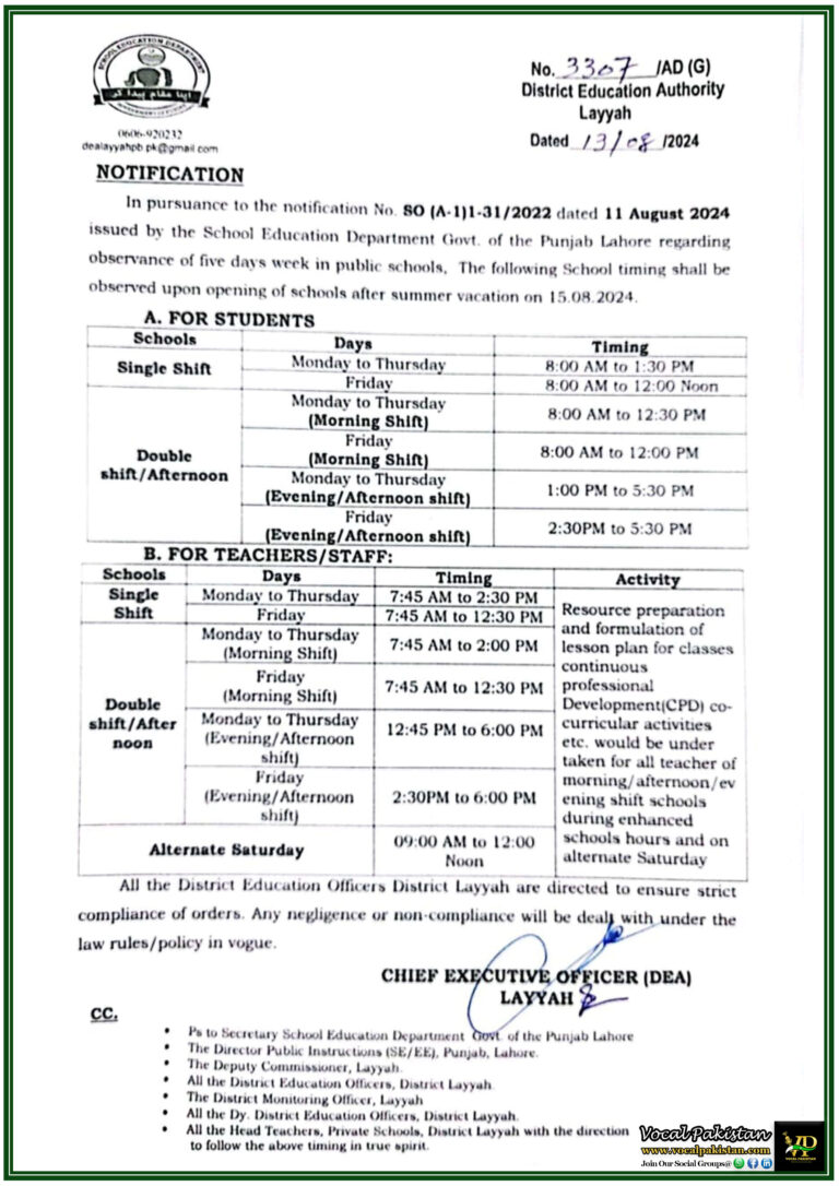 Revised School Timings for Layyah Public Schools 5-Day Week Schedule Effective from 15th August 2024-Notification